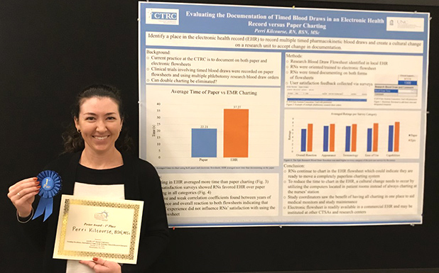 Perri Kilcourse, RN, BSN, MSc holds the blue ribbon for her poster: Evaluating the Documentation of Timed Blood Draws in and Electronic Health Record versus Paper Charting